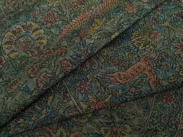 平和屋着物●上質な小紋　更利作　鳥獣更紗花文　鬼しぼ縮緬　正絹　逸品　AABL4050cs