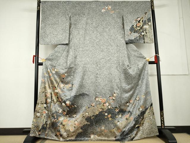 平和屋着物●訪問着　枝花文　たたき染め　金彩　正絹　逸品　AABL4056cs