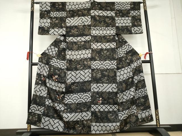 平和屋着物●訪問着　絞り　刺繍　横段吉祥花文　黒地　金糸　金彩　正絹　逸品　AABL4069cs