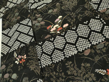 平和屋着物●訪問着　絞り　刺繍　横段吉祥花文　黒地　金糸　金彩　正絹　逸品　AABL4069cs