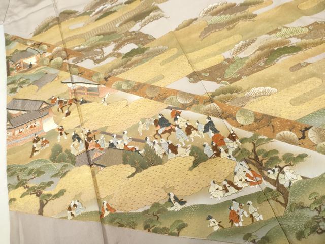 平和屋着物●中国三大刺繍　スワトウ刺繍　汕頭刺繍　総刺繍　色留訪問着　人物風景文　金糸　金彩　正絹　逸品　AABL4072cs