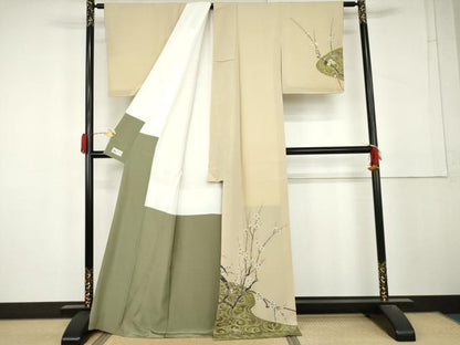 平和屋着物●訪問着　手描き　流水に枝梅　やまと誂製　正絹　逸品　AABL4078cs