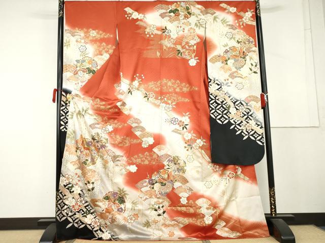 平和屋着物●豪華振袖　駒刺繍　扇面雪輪花蝶文　暈し染め　金彩　ロング丈　正絹　逸品　AABL4080cs