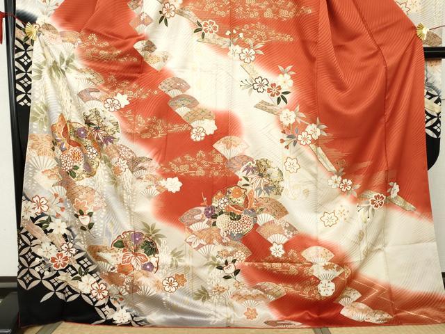 平和屋着物●豪華振袖　駒刺繍　扇面雪輪花蝶文　暈し染め　金彩　ロング丈　正絹　逸品　AABL4080cs