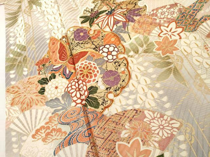 平和屋着物●豪華振袖　駒刺繍　扇面雪輪花蝶文　暈し染め　金彩　ロング丈　正絹　逸品　AABL4080cs