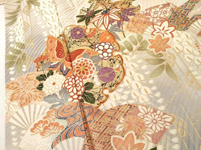 平和屋着物●豪華振袖　駒刺繍　扇面雪輪花蝶文　暈し染め　金彩　ロング丈　正絹　逸品　AABL4080cs