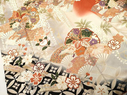 平和屋着物●豪華振袖　駒刺繍　扇面雪輪花蝶文　暈し染め　金彩　ロング丈　正絹　逸品　AABL4080cs