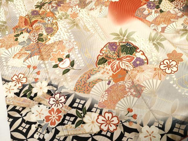 平和屋着物●豪華振袖　駒刺繍　扇面雪輪花蝶文　暈し染め　金彩　ロング丈　正絹　逸品　AABL4080cs