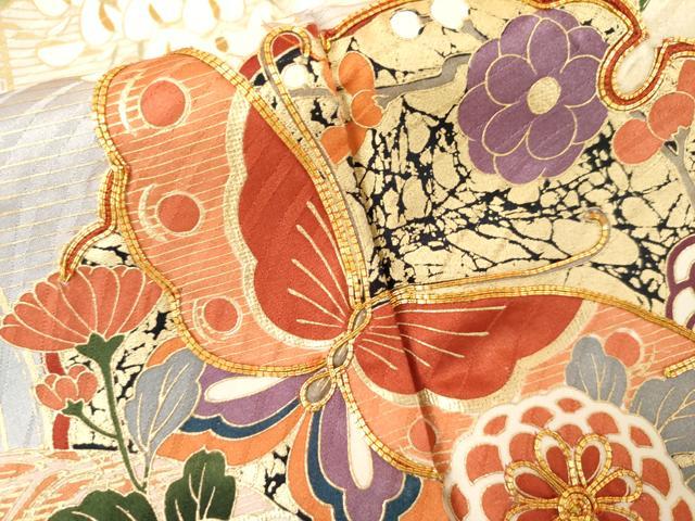 平和屋着物●豪華振袖　駒刺繍　扇面雪輪花蝶文　暈し染め　金彩　ロング丈　正絹　逸品　AABL4080cs