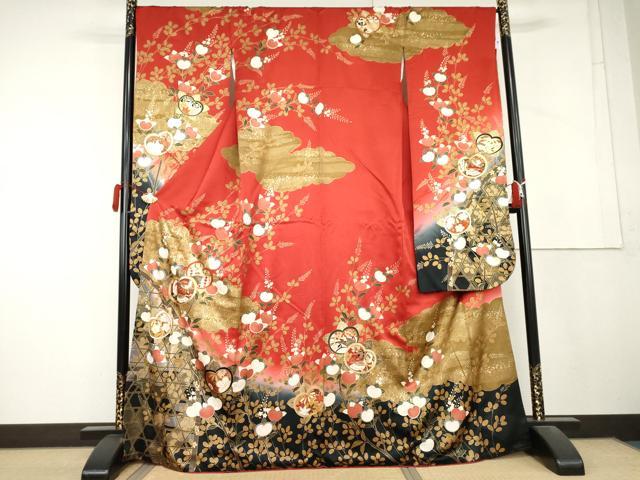平和屋着物●豪華振袖　駒刺繍　橘　花蝶文　暈し染め　金彩　正絹　逸品　AABL4082cs