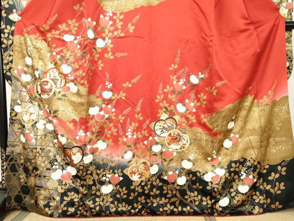 平和屋着物●豪華振袖　駒刺繍　橘　花蝶文　暈し染め　金彩　正絹　逸品　AABL4082cs