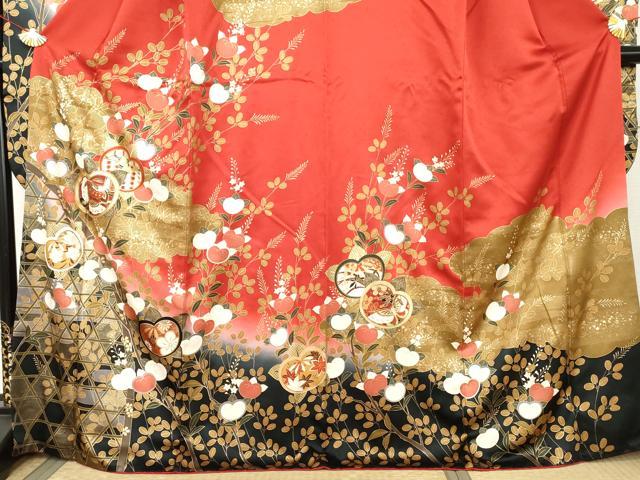 平和屋着物●豪華振袖　駒刺繍　橘　花蝶文　暈し染め　金彩　正絹　逸品　AABL4082cs