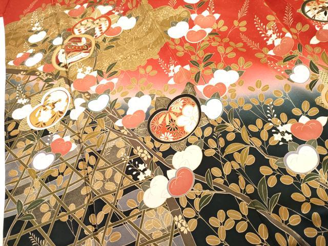 平和屋着物●豪華振袖　駒刺繍　橘　花蝶文　暈し染め　金彩　正絹　逸品　AABL4082cs