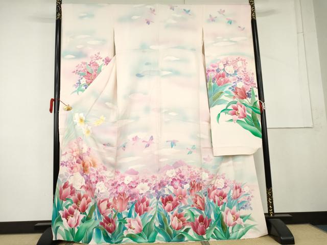 平和屋着物●豪華振袖　花鳥文　暈し染め　ロング丈　正絹　逸品　AABL4085cs