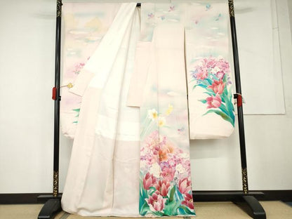 平和屋着物●豪華振袖　花鳥文　暈し染め　ロング丈　正絹　逸品　AABL4085cs