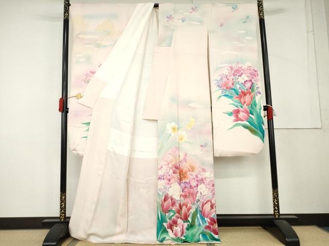 平和屋着物●豪華振袖　花鳥文　暈し染め　ロング丈　正絹　逸品　AABL4085cs