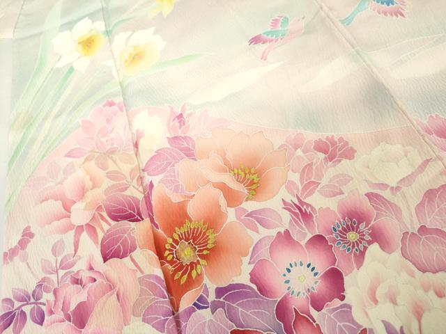 平和屋着物●豪華振袖　花鳥文　暈し染め　ロング丈　正絹　逸品　AABL4085cs