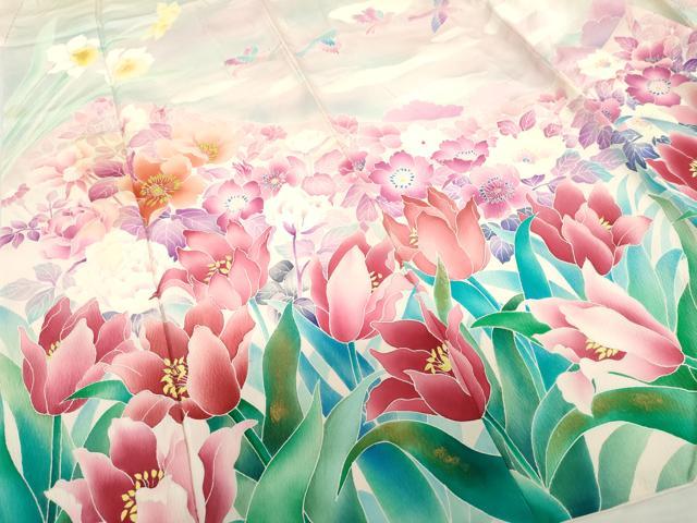 平和屋着物●豪華振袖　花鳥文　暈し染め　ロング丈　正絹　逸品　AABL4085cs