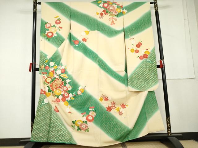平和屋着物●豪華振袖　駒刺繍　飾花文　暈し染め　金彩　金通し地　正絹　逸品　AABL4086cs