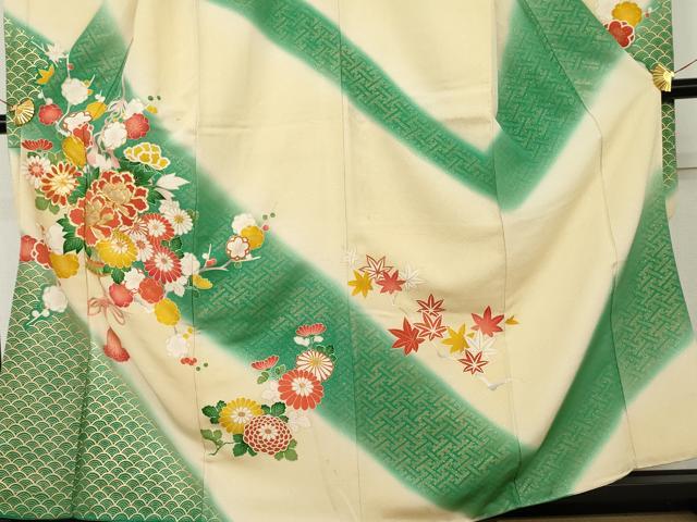 平和屋着物●豪華振袖　駒刺繍　飾花文　暈し染め　金彩　金通し地　正絹　逸品　AABL4086cs