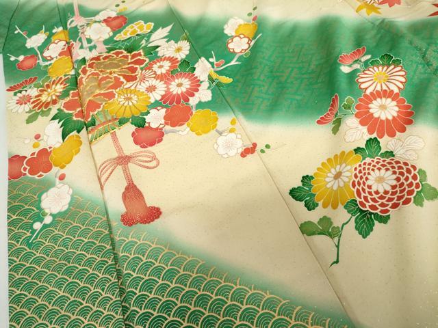 平和屋着物●豪華振袖　駒刺繍　飾花文　暈し染め　金彩　金通し地　正絹　逸品　AABL4086cs