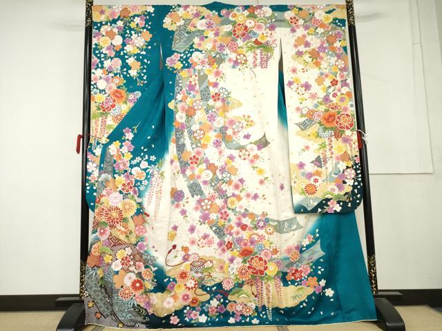 平和屋着物●豪華振袖　駒刺繍　蔓帯吉祥花文　暈し染め　金彩　銀通し地　正絹　逸品　AABL4089cs