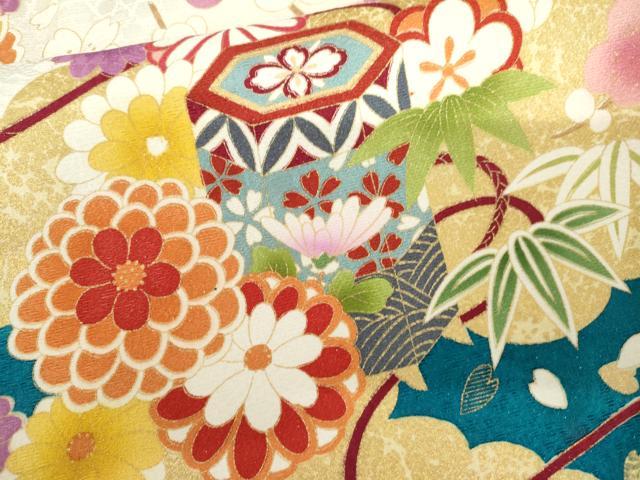 平和屋着物●豪華振袖　駒刺繍　蔓帯吉祥花文　暈し染め　金彩　銀通し地　正絹　逸品　AABL4089cs