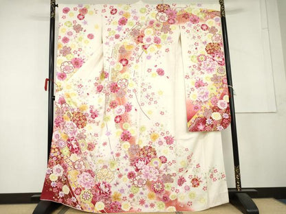 平和屋着物●豪華振袖　刺繍　花蝶文　暈し染め　金糸　金彩　銀通し地　正絹　逸品　AABL4093cs