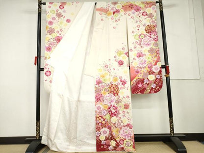 平和屋着物●豪華振袖　刺繍　花蝶文　暈し染め　金糸　金彩　銀通し地　正絹　逸品　AABL4093cs