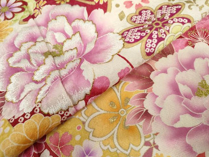 平和屋着物●豪華振袖　刺繍　花蝶文　暈し染め　金糸　金彩　銀通し地　正絹　逸品　AABL4093cs