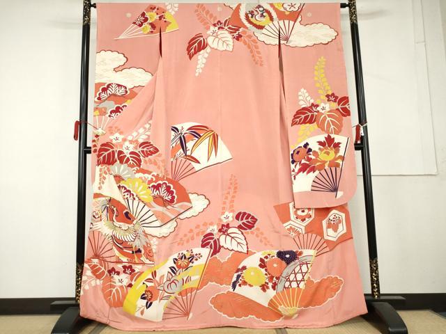 平和屋本店●アンティーク　大正ロマン　振袖　駒刺繍　扇面飛鶴吉祥花文　金彩　金銀糸　正絹　逸品　AABL4096cs