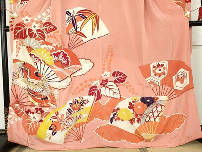 平和屋本店●アンティーク　大正ロマン　振袖　駒刺繍　扇面飛鶴吉祥花文　金彩　金銀糸　正絹　逸品　AABL4096cs