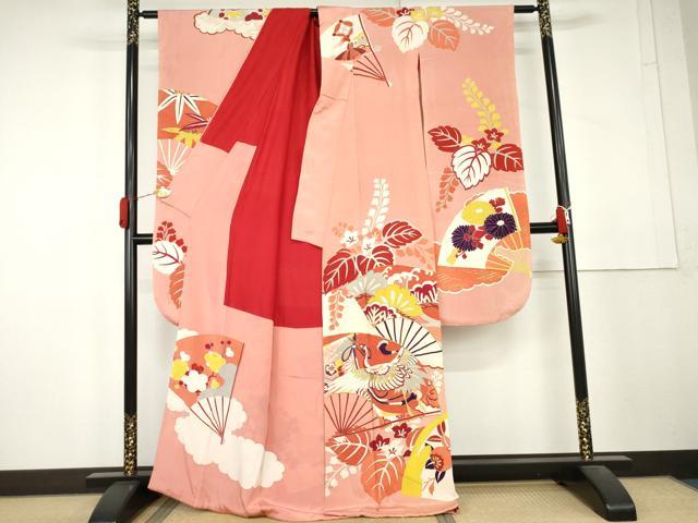 平和屋本店●アンティーク　大正ロマン　振袖　駒刺繍　扇面飛鶴吉祥花文　金彩　金銀糸　正絹　逸品　AABL4096cs