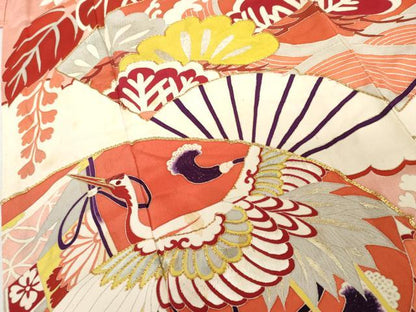 平和屋本店●アンティーク　大正ロマン　振袖　駒刺繍　扇面飛鶴吉祥花文　金彩　金銀糸　正絹　逸品　AABL4096cs