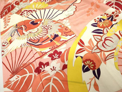 平和屋本店●アンティーク　大正ロマン　振袖　駒刺繍　扇面飛鶴吉祥花文　金彩　金銀糸　正絹　逸品　AABL4096cs