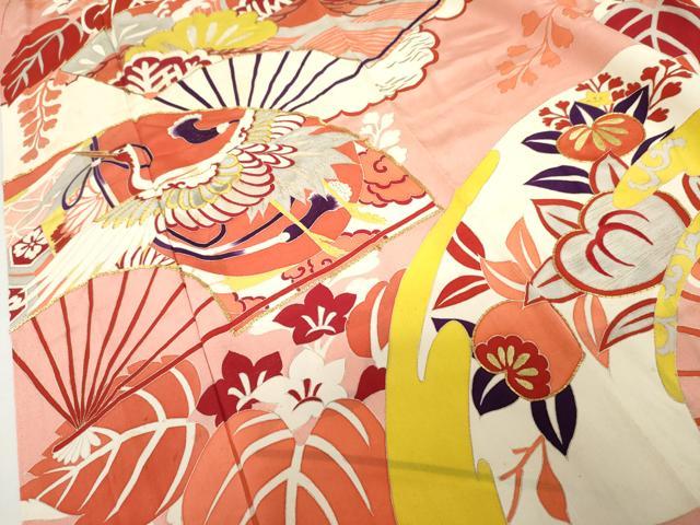 平和屋本店●アンティーク　大正ロマン　振袖　駒刺繍　扇面飛鶴吉祥花文　金彩　金銀糸　正絹　逸品　AABL4096cs