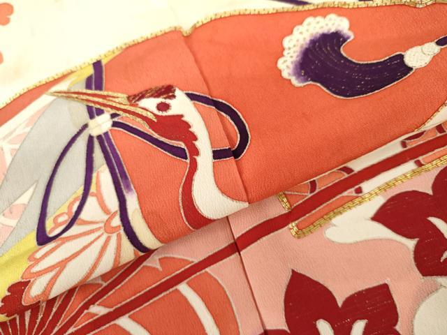 平和屋本店●アンティーク　大正ロマン　振袖　駒刺繍　扇面飛鶴吉祥花文　金彩　金銀糸　正絹　逸品　AABL4096cs
