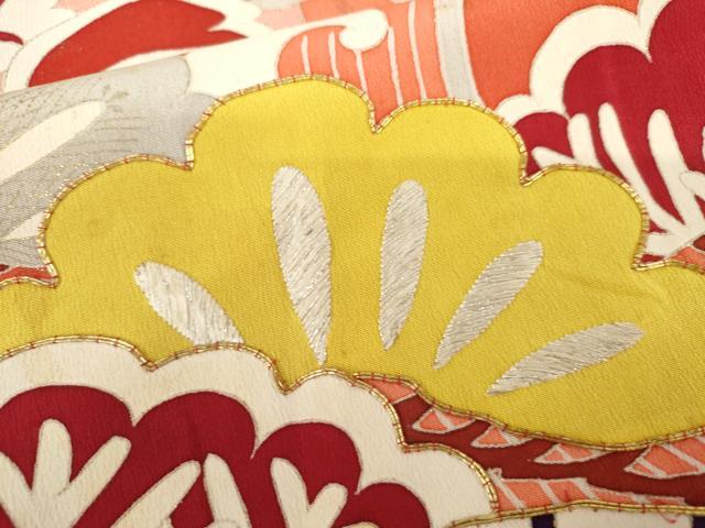 平和屋本店●アンティーク　大正ロマン　振袖　駒刺繍　扇面飛鶴吉祥花文　金彩　金銀糸　正絹　逸品　AABL4096cs