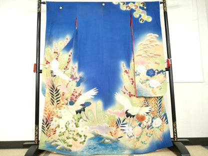 平和屋本店●アンティーク 大正ロマン 振袖 中国三大刺繍 相良刺繍 駒刺繍 飛鶴花松文 暈し染め 金糸 金彩 正絹 逸品 AABL4097cs