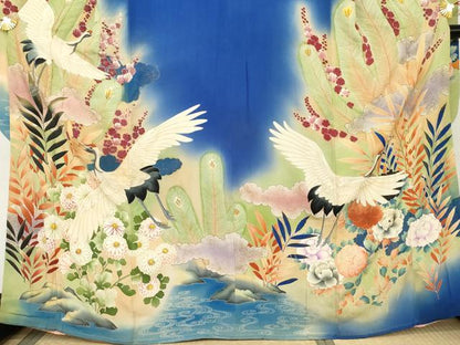 平和屋本店●アンティーク 大正ロマン 振袖 中国三大刺繍 相良刺繍 駒刺繍 飛鶴花松文 暈し染め 金糸 金彩 正絹 逸品 AABL4097cs