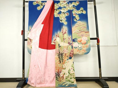 平和屋本店●アンティーク 大正ロマン 振袖 中国三大刺繍 相良刺繍 駒刺繍 飛鶴花松文 暈し染め 金糸 金彩 正絹 逸品 AABL4097cs