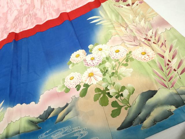 平和屋本店●アンティーク 大正ロマン 振袖 中国三大刺繍 相良刺繍 駒刺繍 飛鶴花松文 暈し染め 金糸 金彩 正絹 逸品 AABL4097cs