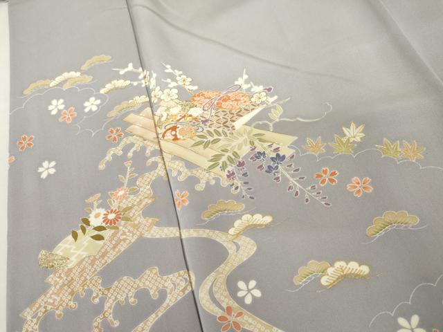 平和屋着物●訪問着　駒刺繍　吉祥花筏文　金彩　嘘つき襦袢　正絹　逸品　AABL4109cs