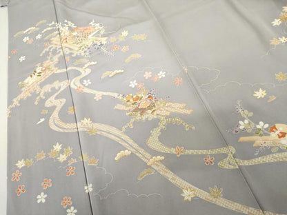 平和屋着物●訪問着　駒刺繍　吉祥花筏文　金彩　嘘つき襦袢　正絹　逸品　AABL4109cs