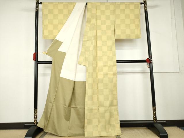 平和屋着物●結城紬　市松　正絹　逸品　AABL4110cs