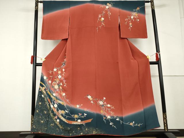 平和屋着物●訪問着　蔓帯枝垂れ花文　暈し染め　金銀彩　鬼しぼ縮緬　正絹　逸品　AABL4111cs