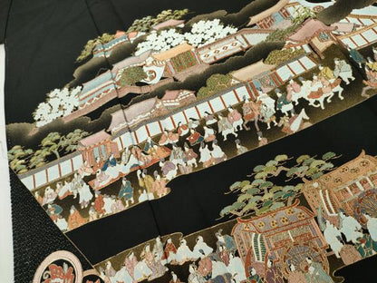 平和屋着物●高級染元 粋峰 林芳夫 京加賀友禅 黒留袖 中国三大刺繍 スワトウ刺繍 汕頭刺繍 大名行列 さが美扱い 正絹 逸品 AABL4133cs