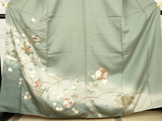 平和屋着物●訪問着　駒刺繍　流水雪輪花文　暈し染め　金彩　金通し地　正絹　逸品　AABL4140cs