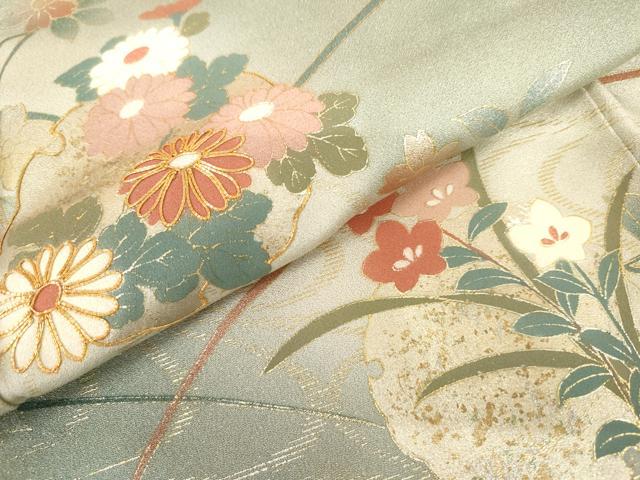 平和屋着物●訪問着　駒刺繍　流水雪輪花文　暈し染め　金彩　金通し地　正絹　逸品　AABL4140cs