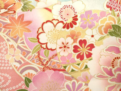 平和屋着物●豪華振袖　刺繍　花毬文　暈し染め　金糸　金彩　正絹　逸品　AABL4143cs